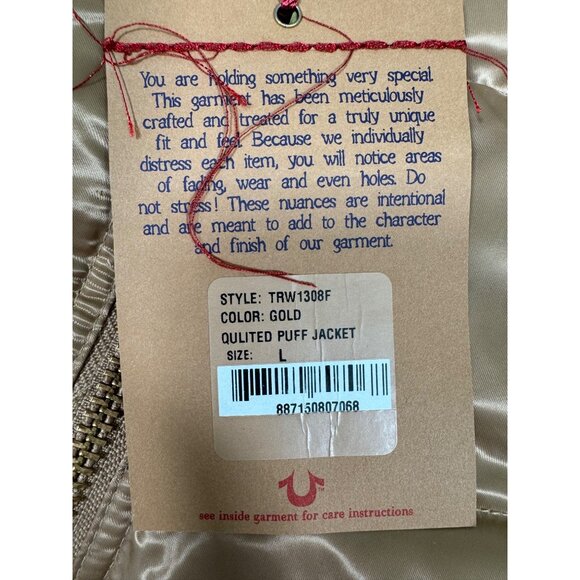 Quilted Gold Puff Jacket W/Hood Womens L True Religion Down & Feather Fill - Picture 3 of 16